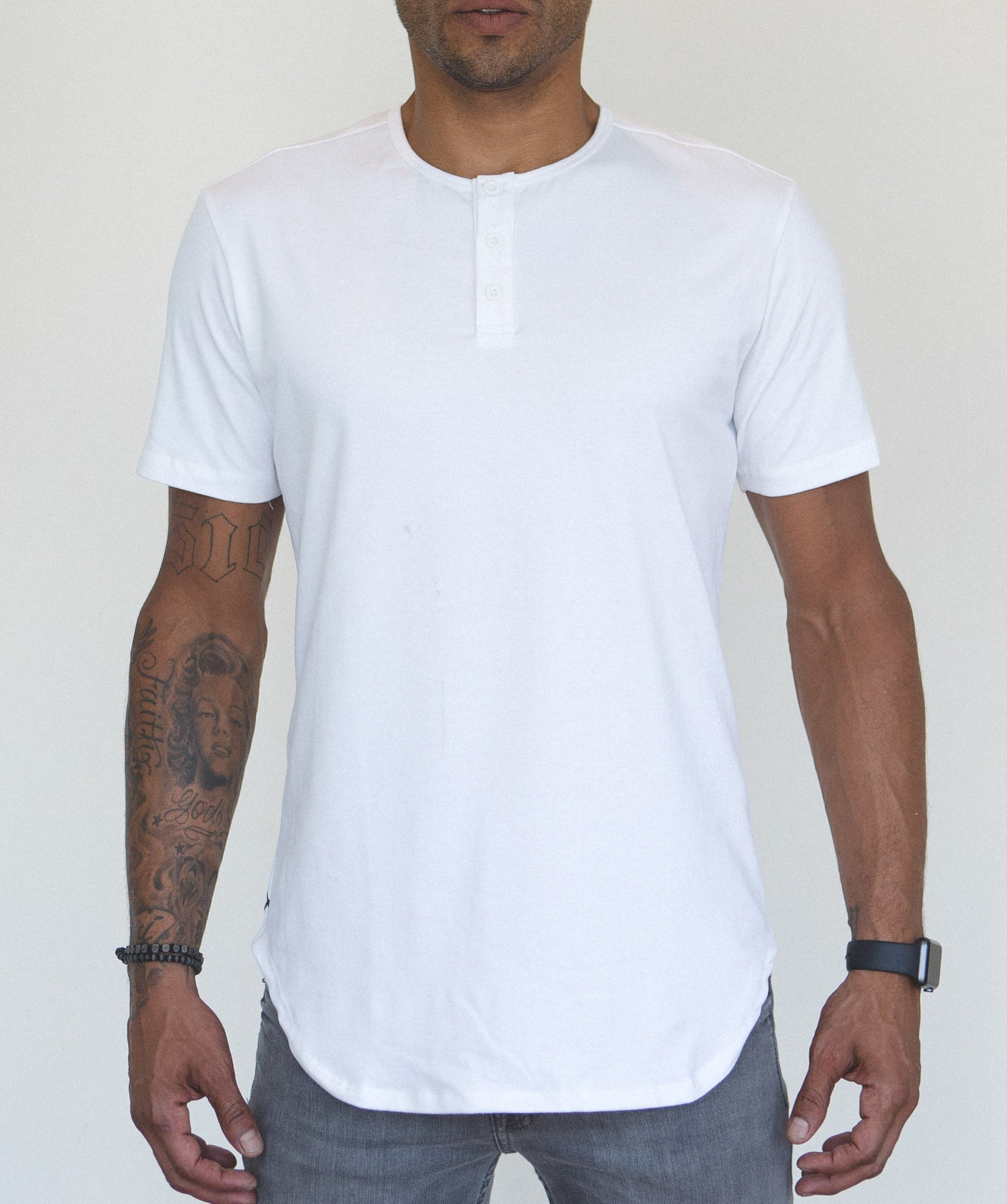 White S/S Henley Elongated