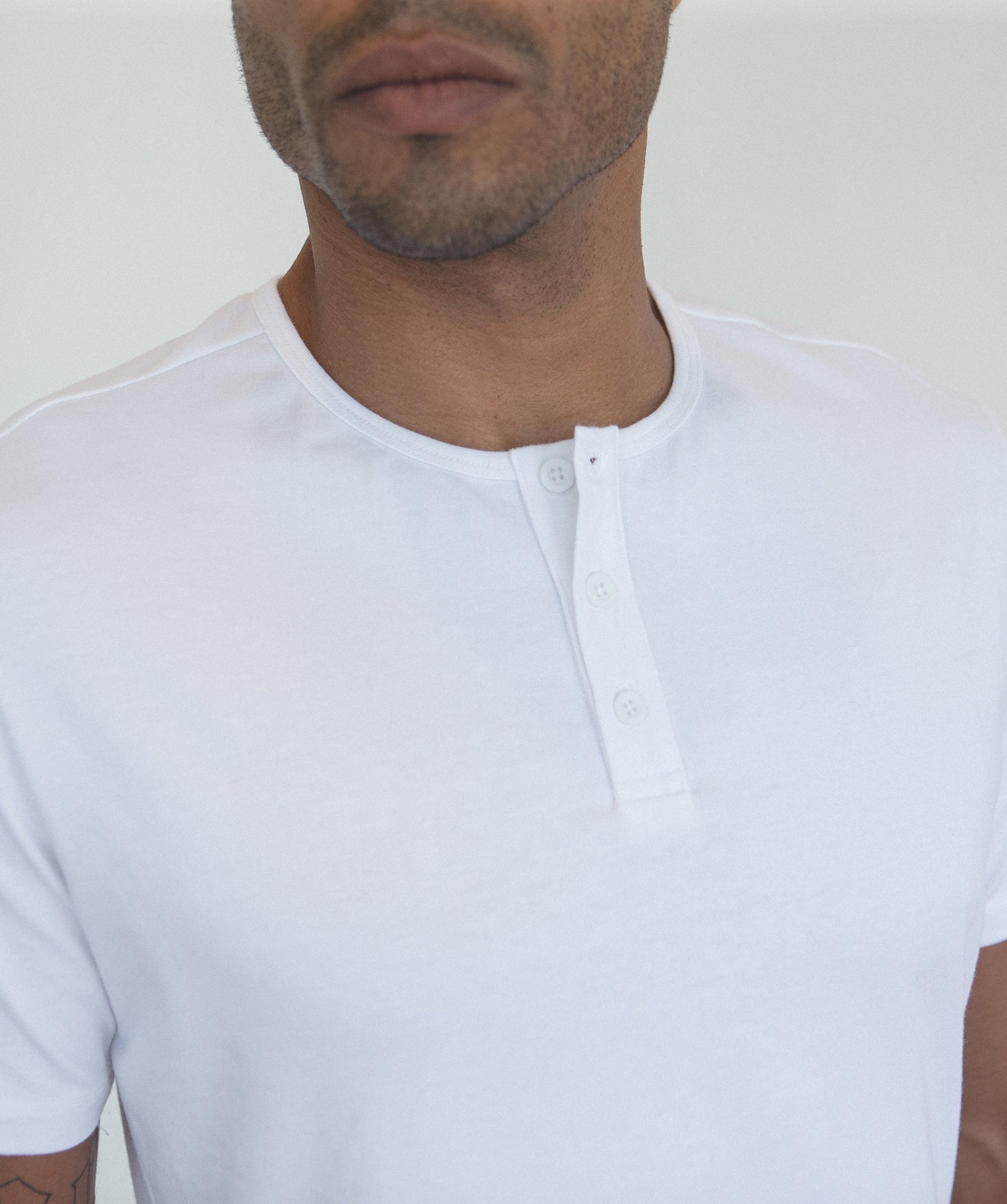White S/S Henley Elongated