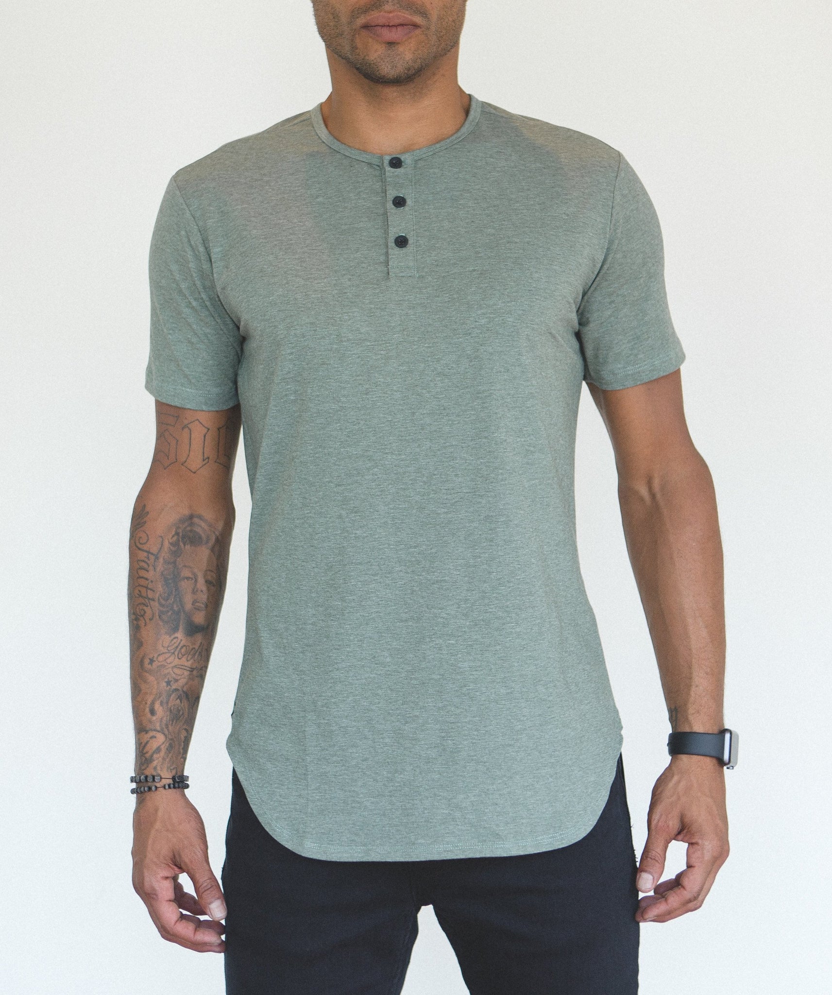Green S/S Henley Elongated