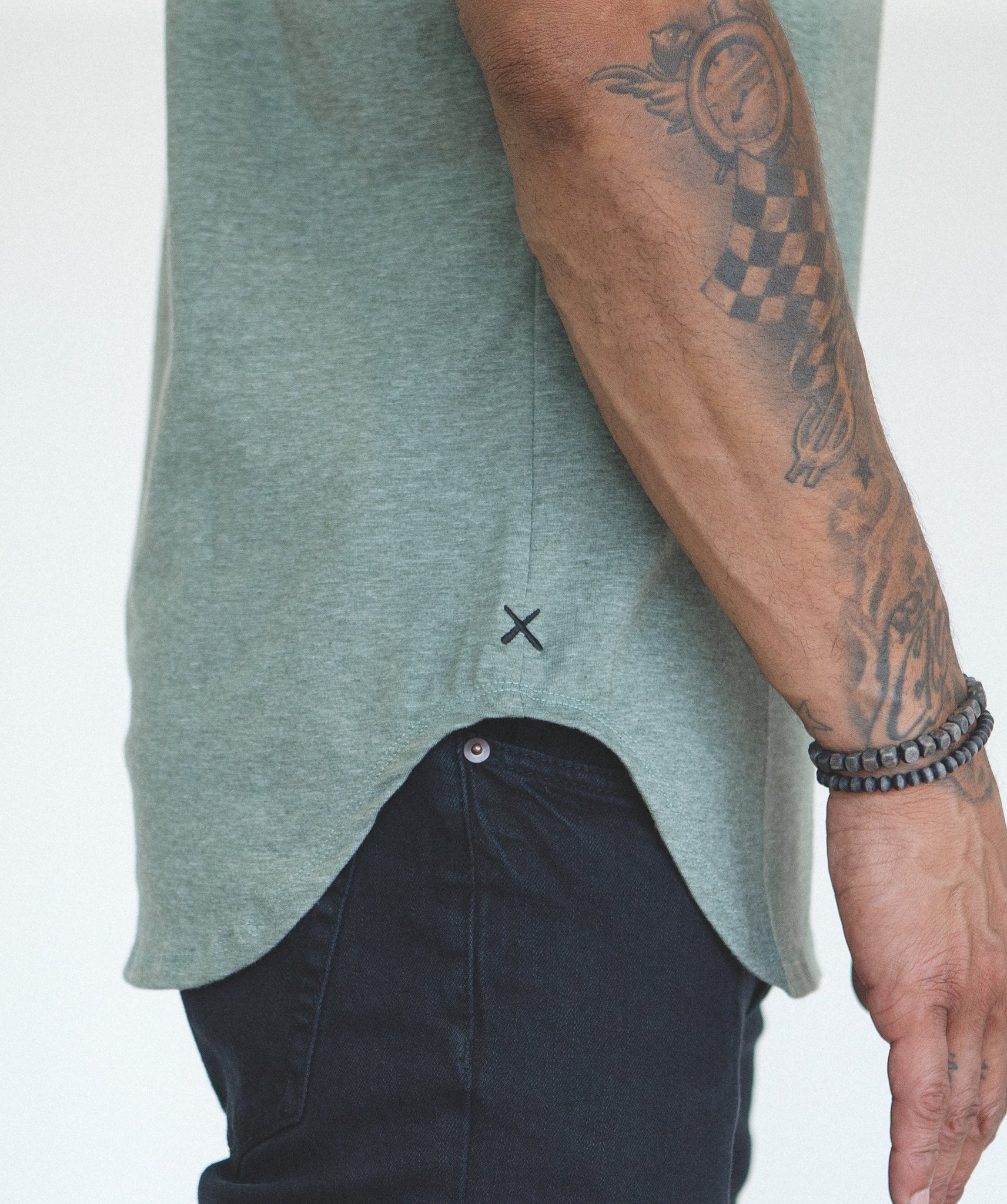 Green S/S Henley Elongated