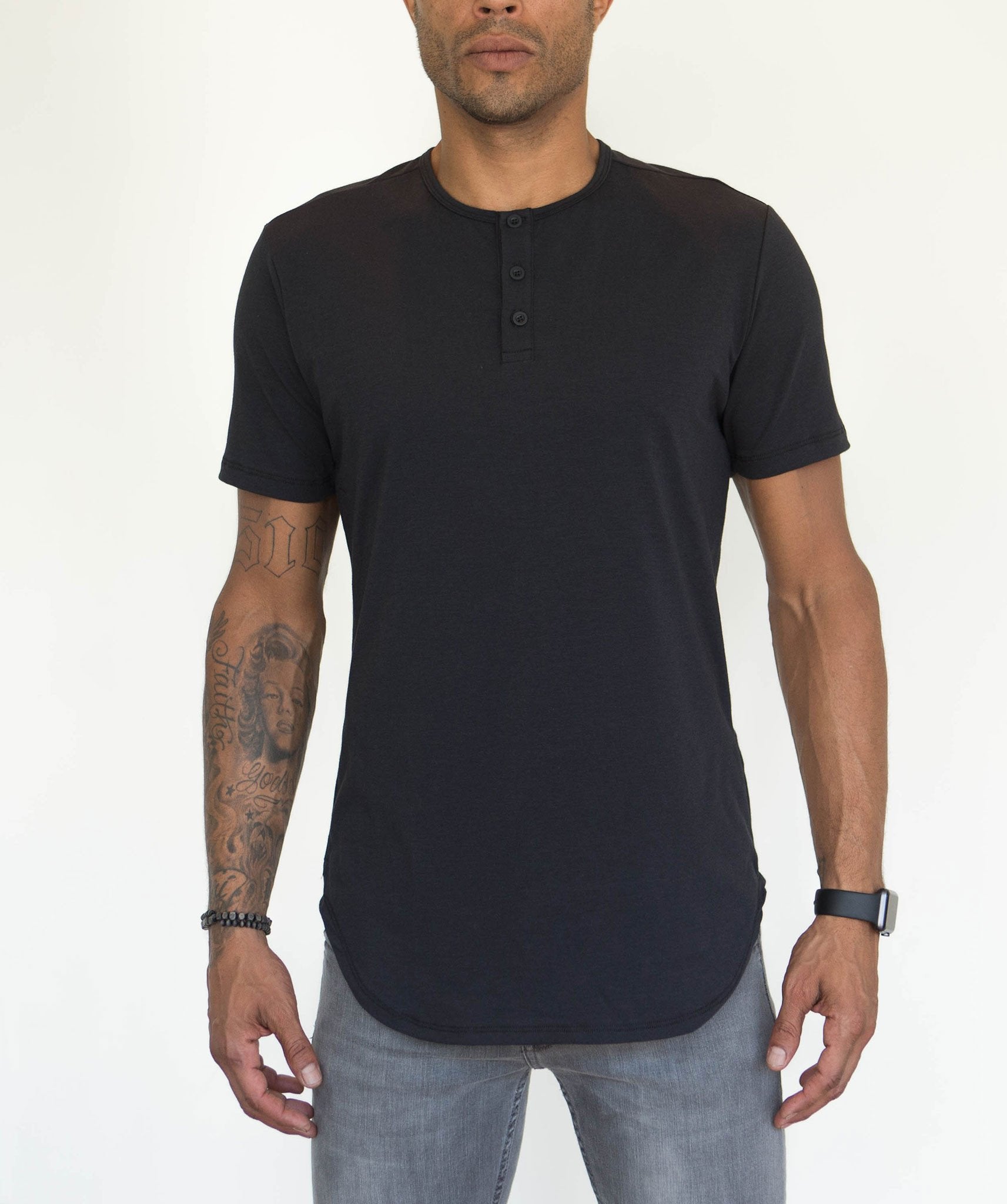 Black S/S Henley Elongated