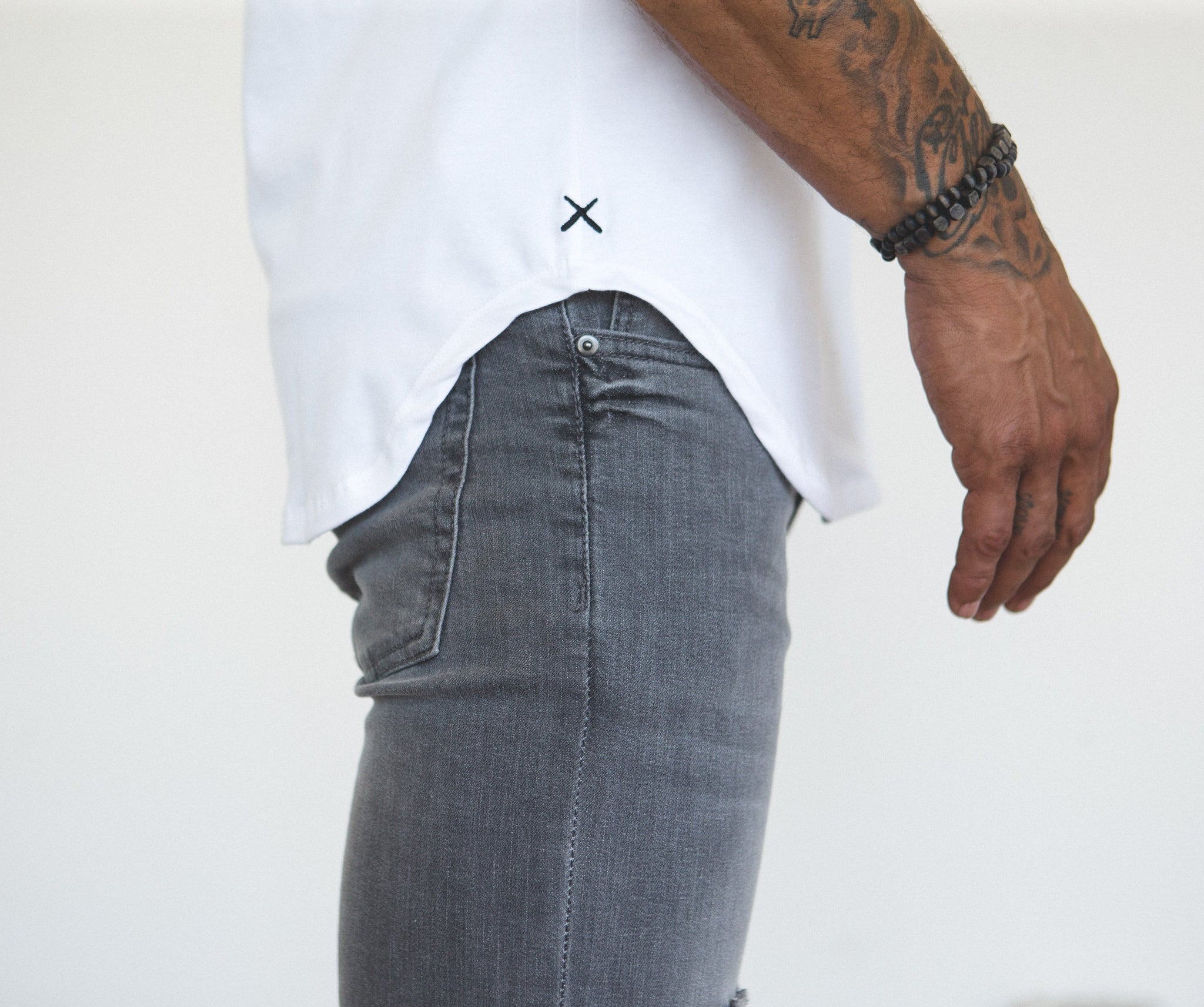 White S/S Henley Elongated
